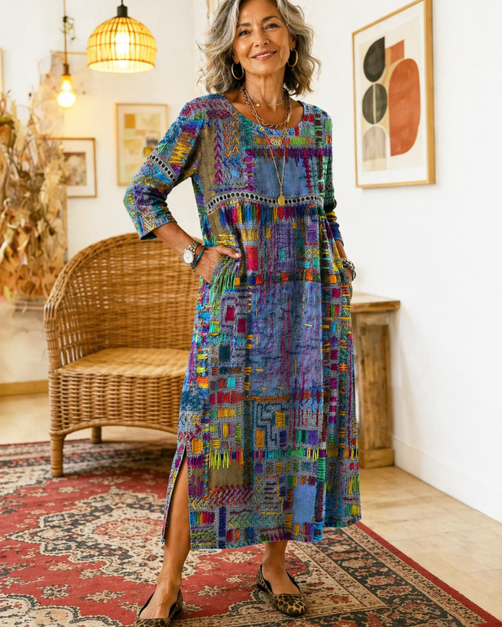 Manuela - Denim-Kleid mit ethnischem Patchwork