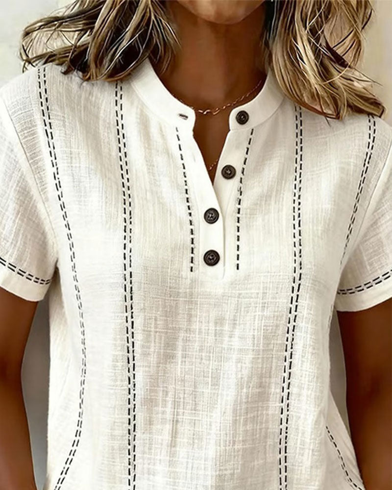 Julia - T-Shirt Modo Informal Knopf V-Ausschnitt