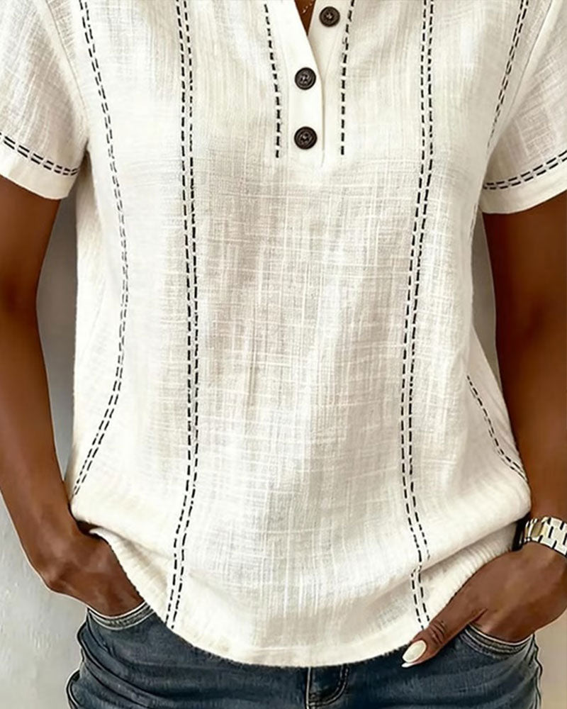 Julia - T-Shirt Modo Informal Knopf V-Ausschnitt