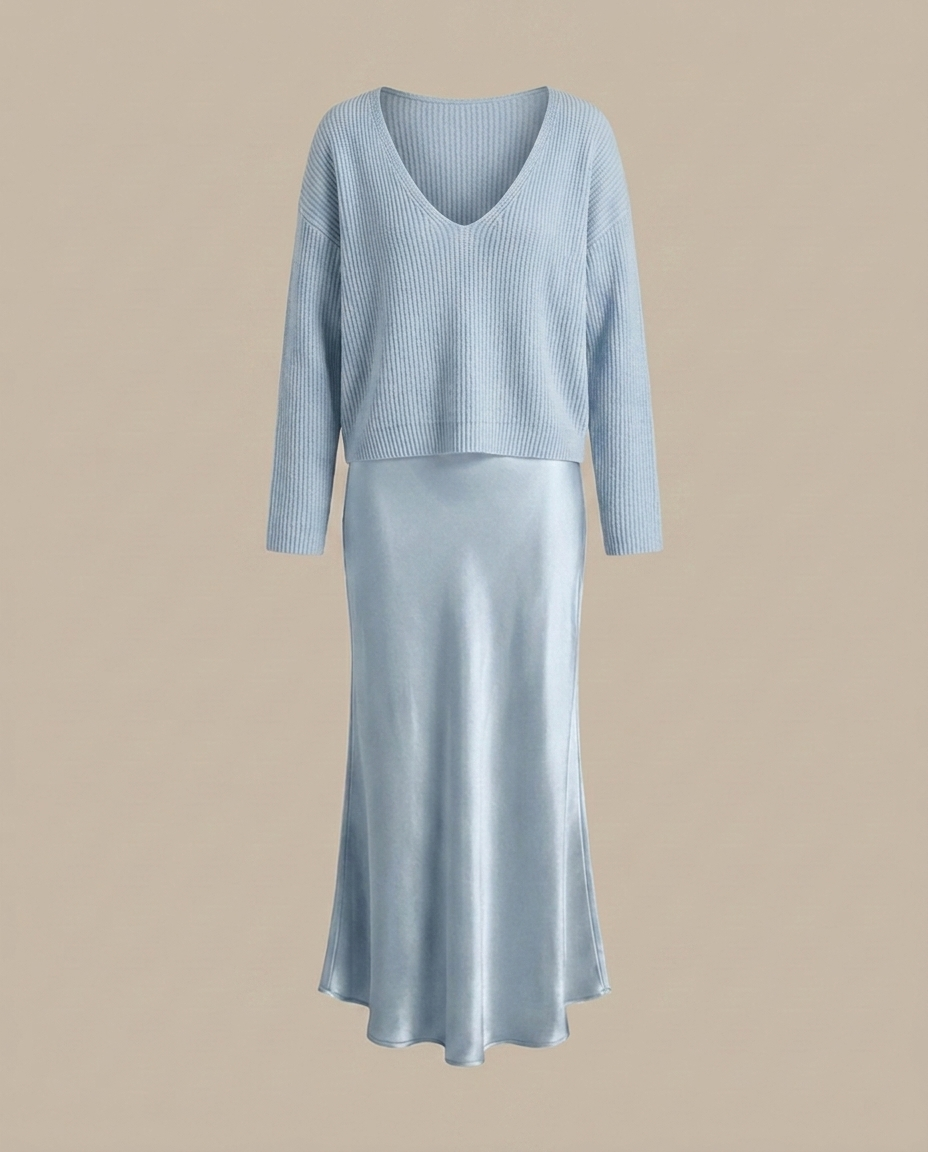 Elena - Midikleid aus Satin mit inkludiertem Pullover