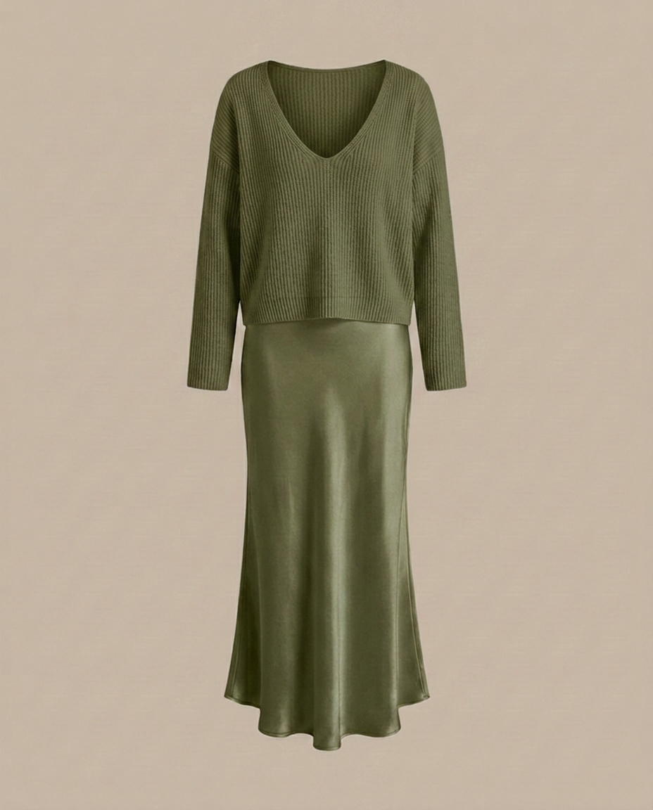 Elena - Midikleid aus Satin mit inkludiertem Pullover