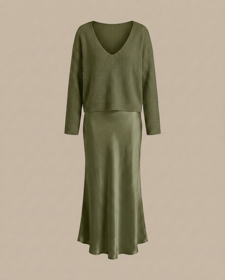 Elena - Midikleid aus Satin mit inkludiertem Pullover