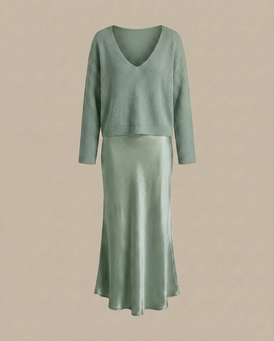 Elena - Midikleid aus Satin mit inkludiertem Pullover