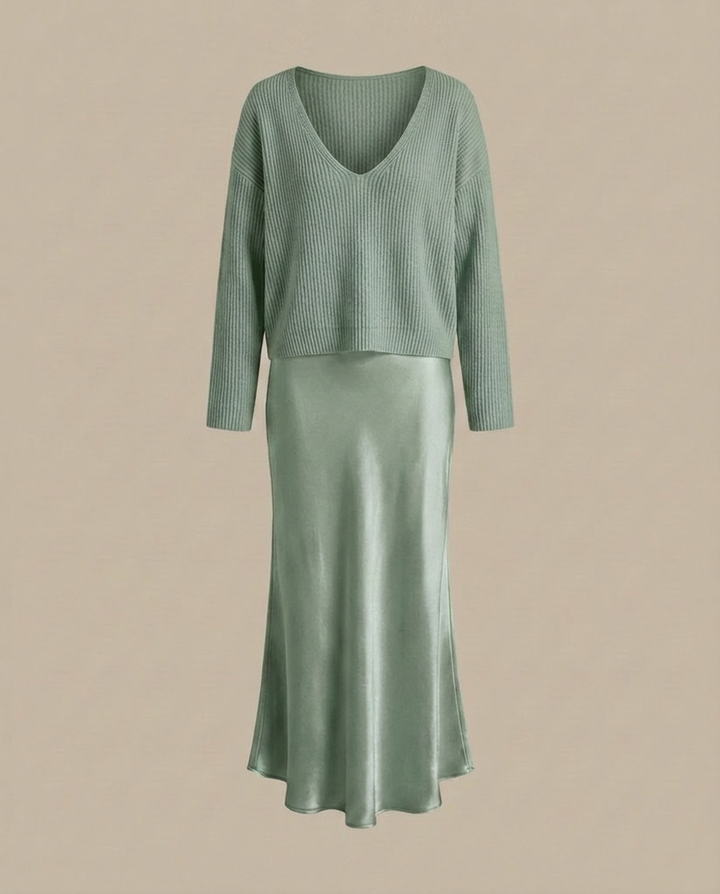 Elena - Midikleid aus Satin mit inkludiertem Pullover
