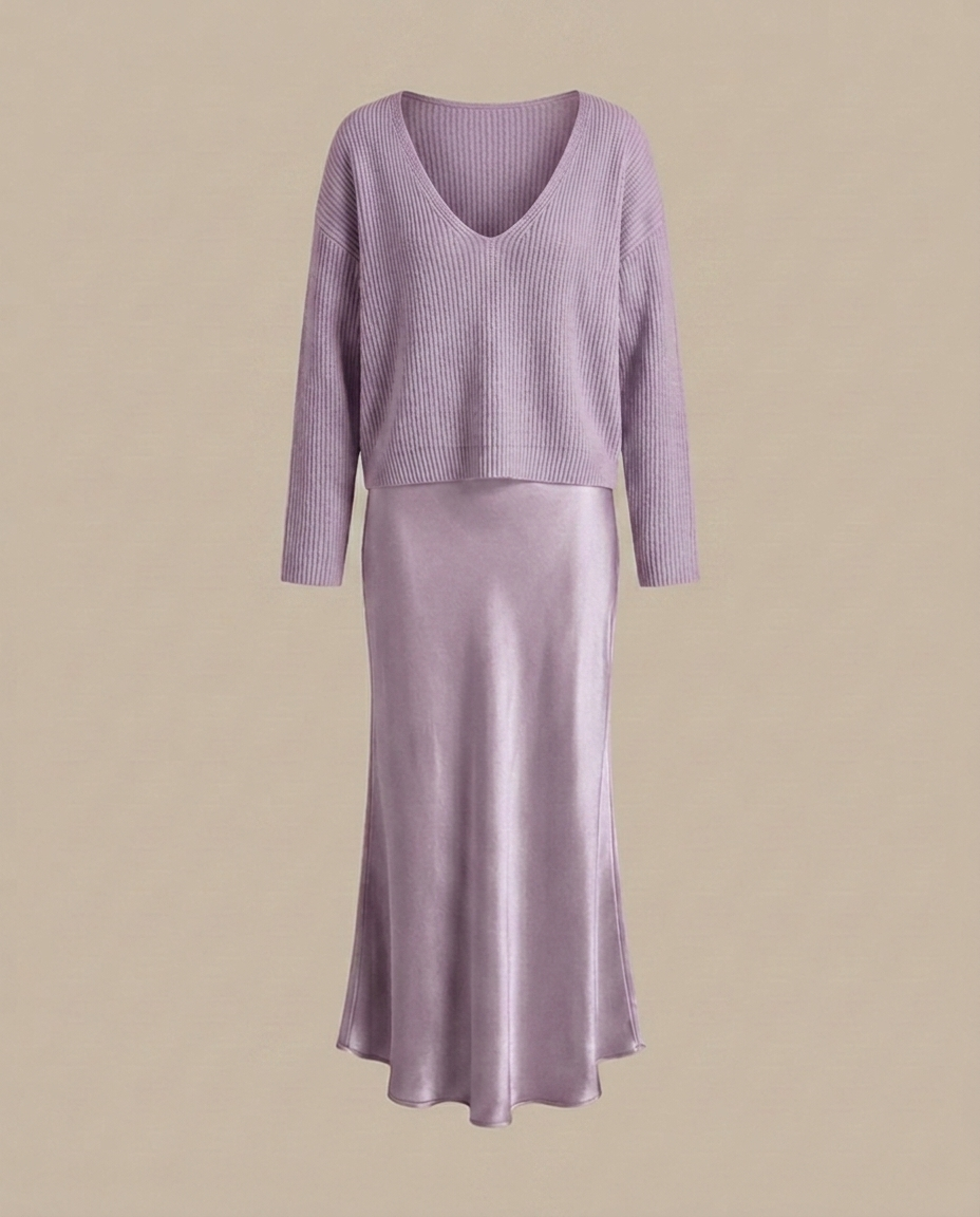 Elena - Midikleid aus Satin mit inkludiertem Pullover