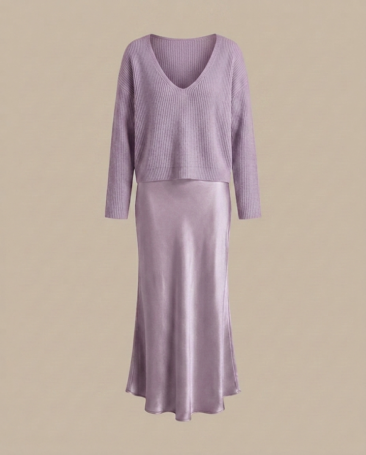Elena - Midikleid aus Satin mit inkludiertem Pullover