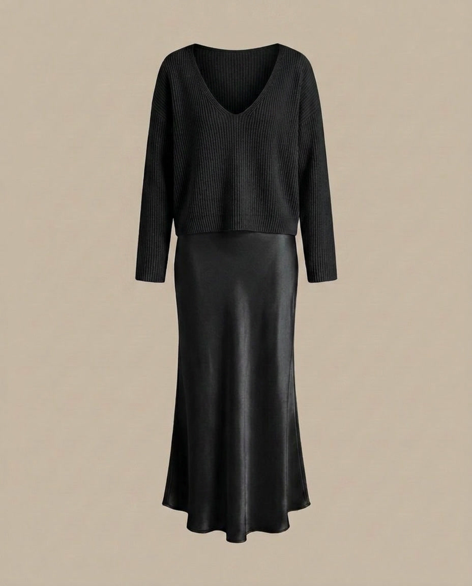 Elena - Midikleid aus Satin mit inkludiertem Pullover