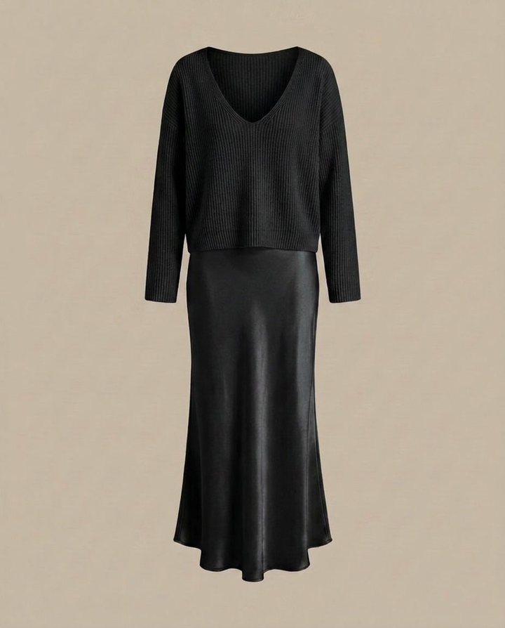 Elena - Midikleid aus Satin mit inkludiertem Pullover