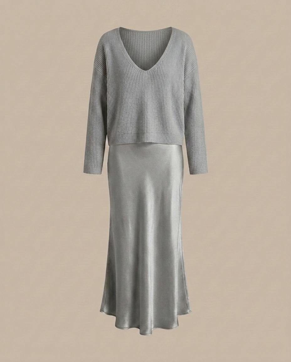 Elena - Midikleid aus Satin mit inkludiertem Pullover