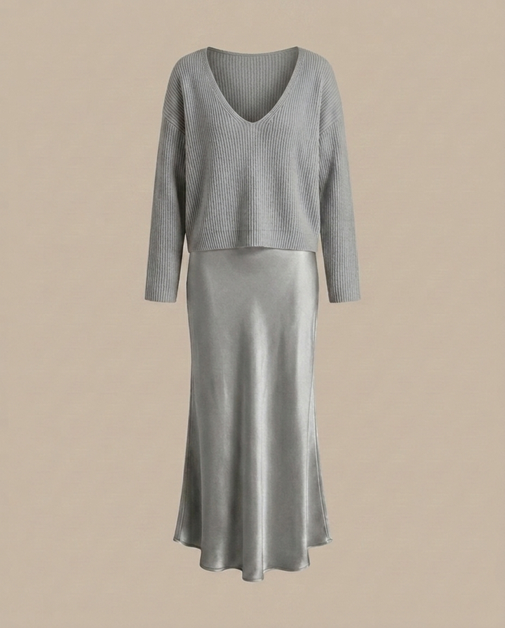Elena - Midikleid aus Satin mit inkludiertem Pullover