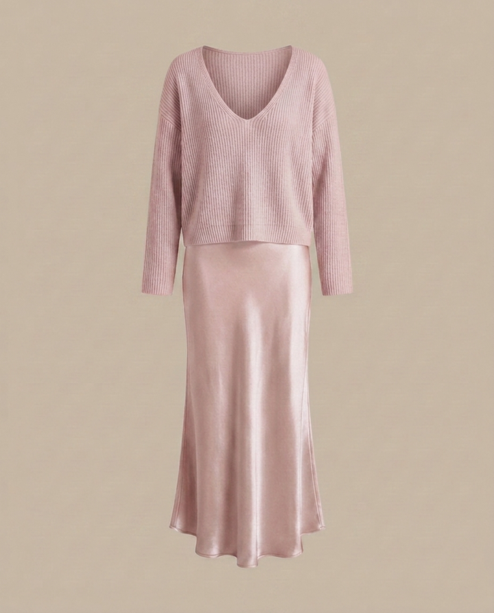 Elena - Midikleid aus Satin mit inkludiertem Pullover