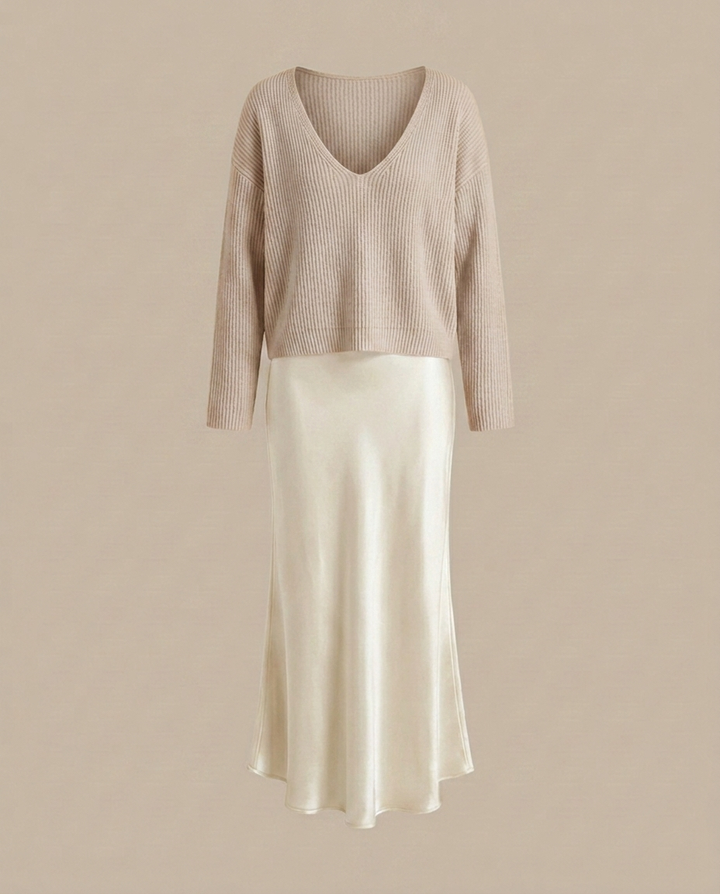 Elena - Midikleid aus Satin mit inkludiertem Pullover